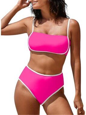 Pink Women's High Waisted Bikini Sets Two Piece Swimsuit Color Block